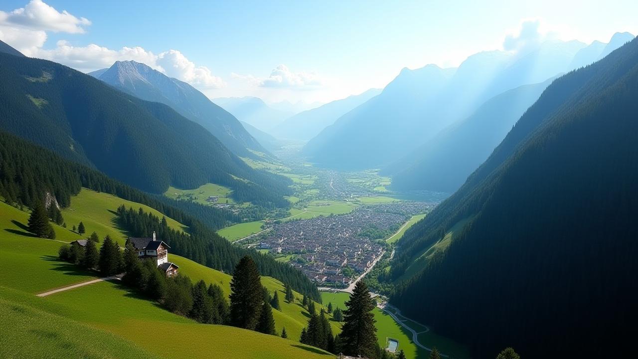 Luftaufnahme der malerischen Region Leogang in Salzburg, Österreich, mit sanften Hügeln, bewaldeten Bergen und einem Tal, das ein kleines Dorf umschließt. Ein Bild, das die natürliche Schönheit der Umgebung von Wisent Weitblicke zeigt.