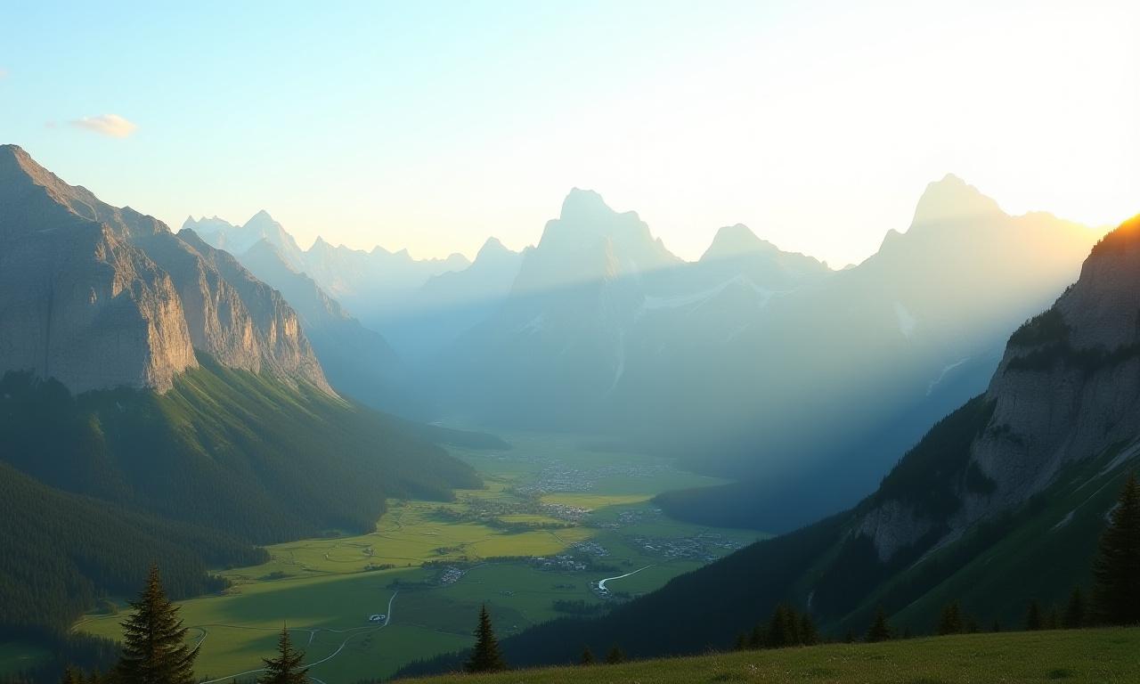 Majestätisches Alpenpanorama bei Sonnenaufgang, grüne Täler und Gipfel von Wisent Weitblicke